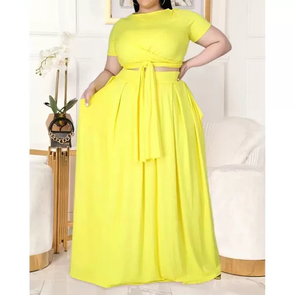 IyMoo Womens Plus Size 2 Piece Dress Outfits Short Sleeve Bandage Wrap Empire Crop Tops and Skirt SetsYellow