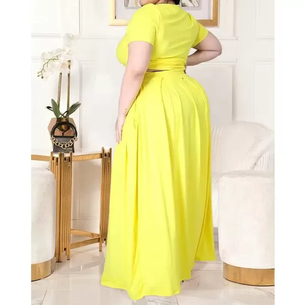 IyMoo Womens Plus Size 2 Piece Dress Outfits Short Sleeve Bandage Wrap Empire Crop Tops and Skirt SetsYellow