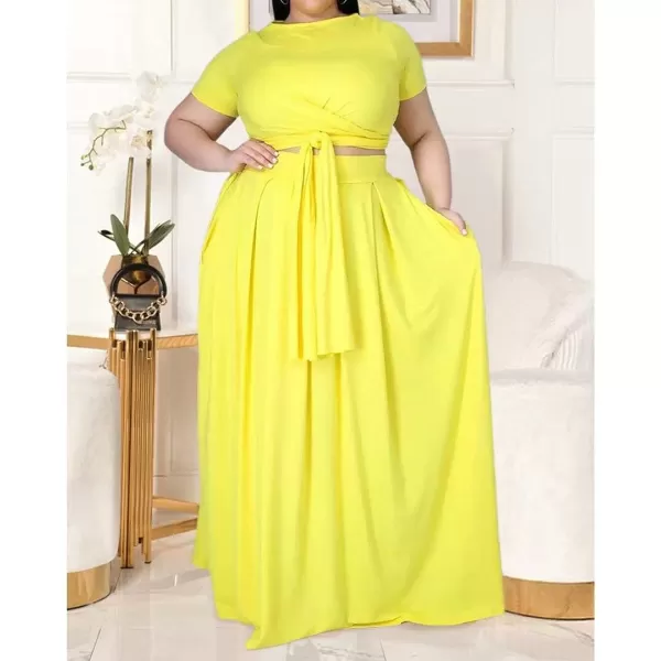 IyMoo Womens Plus Size 2 Piece Dress Outfits Short Sleeve Bandage Wrap Empire Crop Tops and Skirt SetsYellow