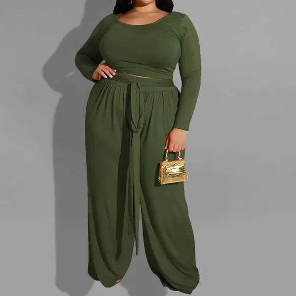 IyMoo Womens Plus Size 2 Piece Outfit Sexy Long Sleeve Scoop Neck Crop Top Wide Leg Pants Sets JumpsuitsArmy Green