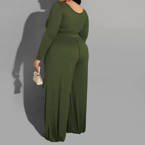 IyMoo Womens Plus Size 2 Piece Outfit Sexy Long Sleeve Scoop Neck Crop Top Wide Leg Pants Sets JumpsuitsArmy Green
