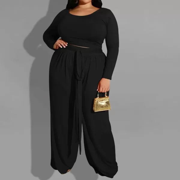 IyMoo Womens Plus Size 2 Piece Outfit Sexy Long Sleeve Scoop Neck Crop Top Wide Leg Pants Sets JumpsuitsBlack