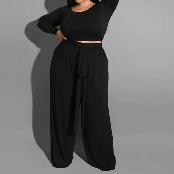 IyMoo Womens Plus Size 2 Piece Outfit Sexy Long Sleeve Scoop Neck Crop Top Wide Leg Pants Sets JumpsuitsBlack