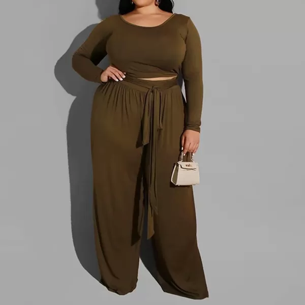 IyMoo Womens Plus Size 2 Piece Outfit Sexy Long Sleeve Scoop Neck Crop Top Wide Leg Pants Sets JumpsuitsBrown