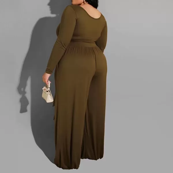 IyMoo Womens Plus Size 2 Piece Outfit Sexy Long Sleeve Scoop Neck Crop Top Wide Leg Pants Sets JumpsuitsBrown