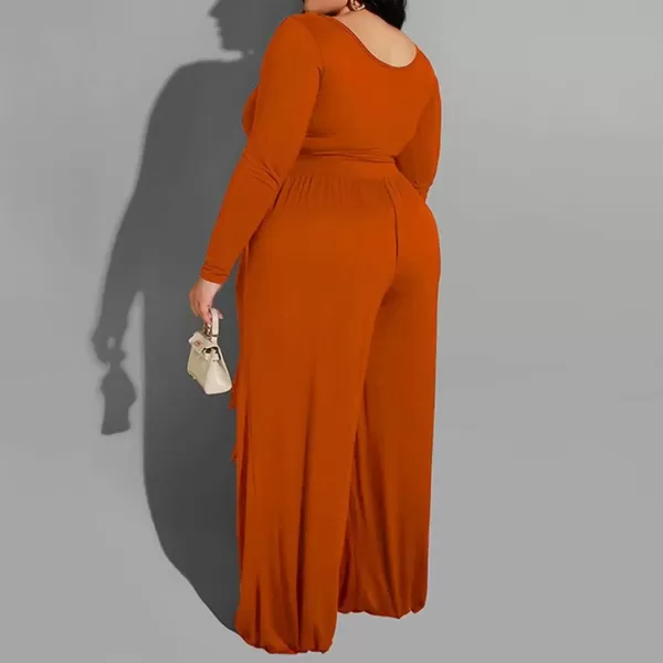 IyMoo Womens Plus Size 2 Piece Outfit Sexy Long Sleeve Scoop Neck Crop Top Wide Leg Pants Sets JumpsuitsOrange