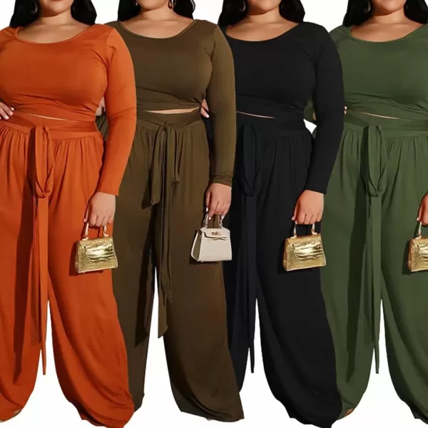 IyMoo Womens Plus Size 2 Piece Outfit Sexy Long Sleeve Scoop Neck Crop Top Wide Leg Pants Sets JumpsuitsOrange