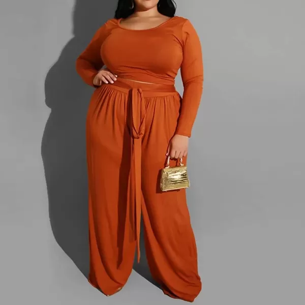 IyMoo Womens Plus Size 2 Piece Outfit Sexy Long Sleeve Scoop Neck Crop Top Wide Leg Pants Sets JumpsuitsOrange