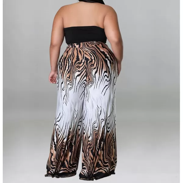 IyMoo Womens Plus Size 2 Piece Outfit Sexy Printed Tube Crop Top Wide Leg Pants Sets JumpsuitsCoffee
