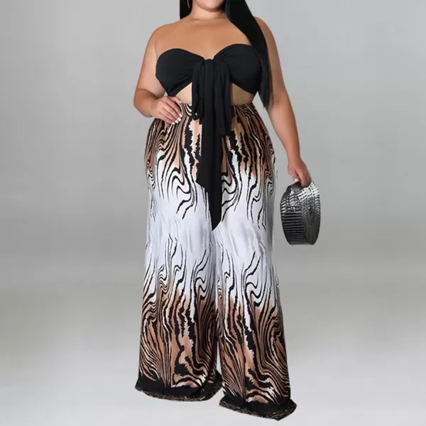 IyMoo Womens Plus Size 2 Piece Outfit Sexy Printed Tube Crop Top Wide Leg Pants Sets JumpsuitsCoffee