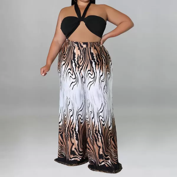 IyMoo Womens Plus Size 2 Piece Outfit Sexy Printed Tube Crop Top Wide Leg Pants Sets JumpsuitsCoffee