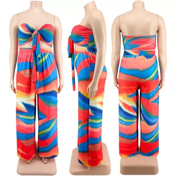 IyMoo Womens Plus Size 2 Piece Outfit Sexy Printed Tube Crop Top Wide Leg Pants Sets JumpsuitsMulti Green