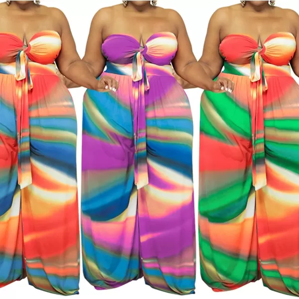 IyMoo Womens Plus Size 2 Piece Outfit Sexy Printed Tube Crop Top Wide Leg Pants Sets JumpsuitsMulti Green