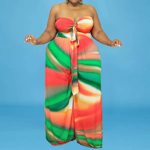 IyMoo Womens Plus Size 2 Piece Outfit Sexy Printed Tube Crop Top Wide Leg Pants Sets JumpsuitsMulti Green