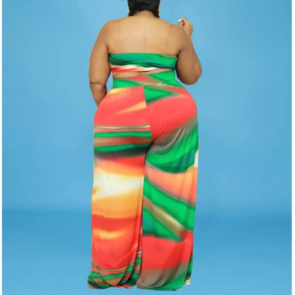 IyMoo Womens Plus Size 2 Piece Outfit Sexy Printed Tube Crop Top Wide Leg Pants Sets JumpsuitsMulti Green