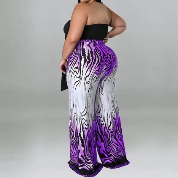 IyMoo Womens Plus Size 2 Piece Outfit Sexy Printed Tube Crop Top Wide Leg Pants Sets JumpsuitsPurple