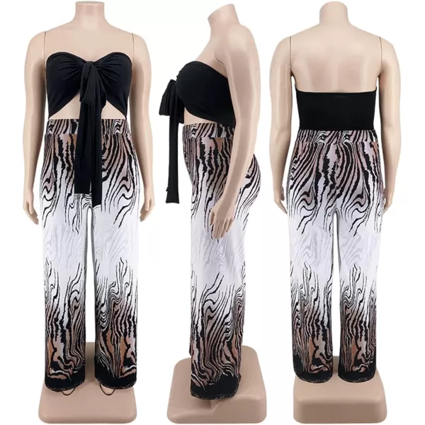 IyMoo Womens Plus Size 2 Piece Outfit Sexy Printed Tube Crop Top Wide Leg Pants Sets JumpsuitsPurple