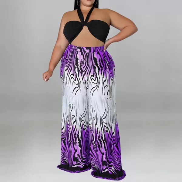 IyMoo Womens Plus Size 2 Piece Outfit Sexy Printed Tube Crop Top Wide Leg Pants Sets JumpsuitsPurple