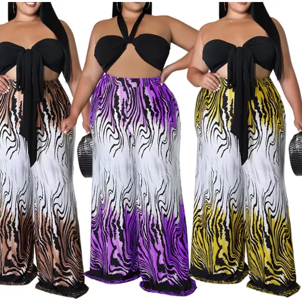 IyMoo Womens Plus Size 2 Piece Outfit Sexy Printed Tube Crop Top Wide Leg Pants Sets JumpsuitsYellow