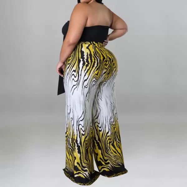 IyMoo Womens Plus Size 2 Piece Outfit Sexy Printed Tube Crop Top Wide Leg Pants Sets JumpsuitsYellow