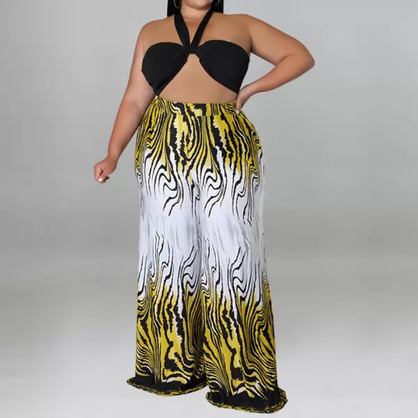 IyMoo Womens Plus Size 2 Piece Outfit Sexy Printed Tube Crop Top Wide Leg Pants Sets JumpsuitsYellow