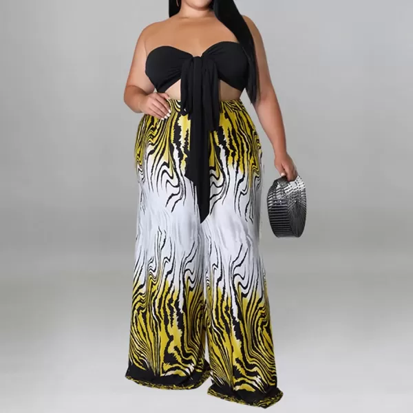 IyMoo Womens Plus Size 2 Piece Outfit Sexy Printed Tube Crop Top Wide Leg Pants Sets JumpsuitsYellow