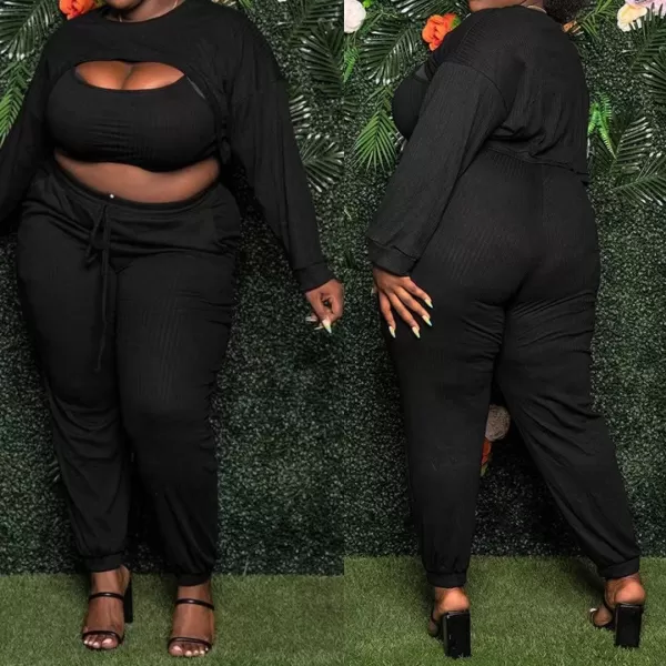 IyMoo Womens Plus Size 3 Piece Sets Outfit Ribbed Sweatshirt Crop Tank Top Sweatpants Jumpsuit Romper SetBlack