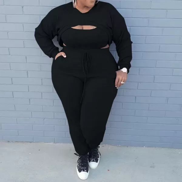 IyMoo Womens Plus Size 3 Piece Sets Outfit Ribbed Sweatshirt Crop Tank Top Sweatpants Jumpsuit Romper SetBlack