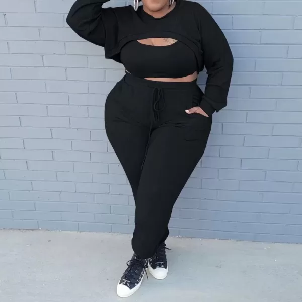 IyMoo Womens Plus Size 3 Piece Sets Outfit Ribbed Sweatshirt Crop Tank Top Sweatpants Jumpsuit Romper SetBlack