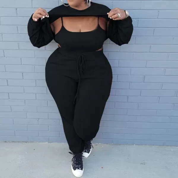 IyMoo Womens Plus Size 3 Piece Sets Outfit Ribbed Sweatshirt Crop Tank Top Sweatpants Jumpsuit Romper SetBlack