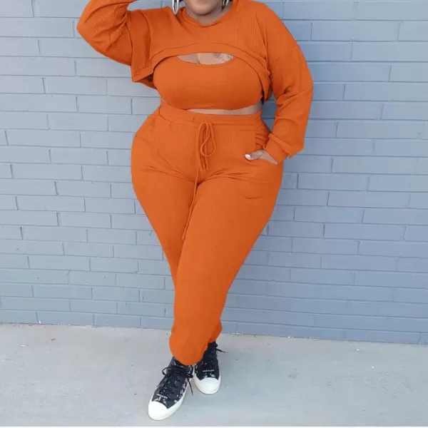 IyMoo Womens Plus Size 3 Piece Sets Outfit Ribbed Sweatshirt Crop Tank Top Sweatpants Jumpsuit Romper SetBright Orange