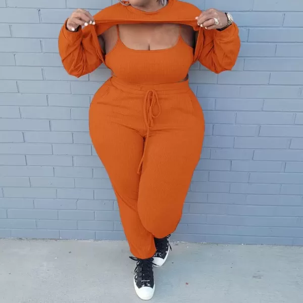 IyMoo Womens Plus Size 3 Piece Sets Outfit Ribbed Sweatshirt Crop Tank Top Sweatpants Jumpsuit Romper SetBright Orange