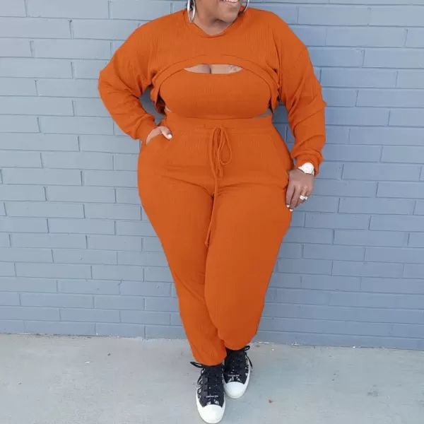 IyMoo Womens Plus Size 3 Piece Sets Outfit Ribbed Sweatshirt Crop Tank Top Sweatpants Jumpsuit Romper SetBright Orange