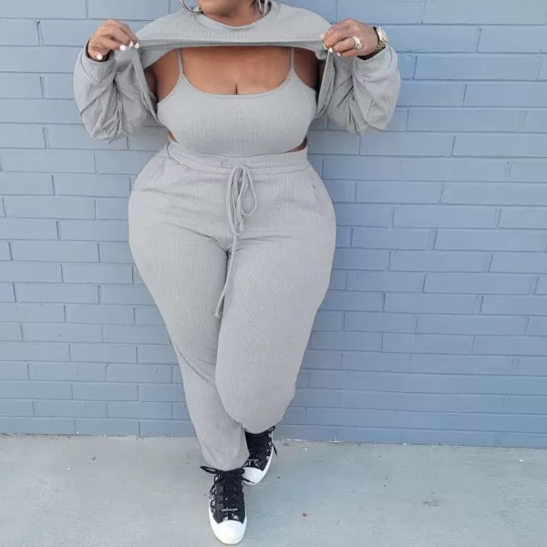 IyMoo Womens Plus Size 3 Piece Sets Outfit Ribbed Sweatshirt Crop Tank Top Sweatpants Jumpsuit Romper SetGray