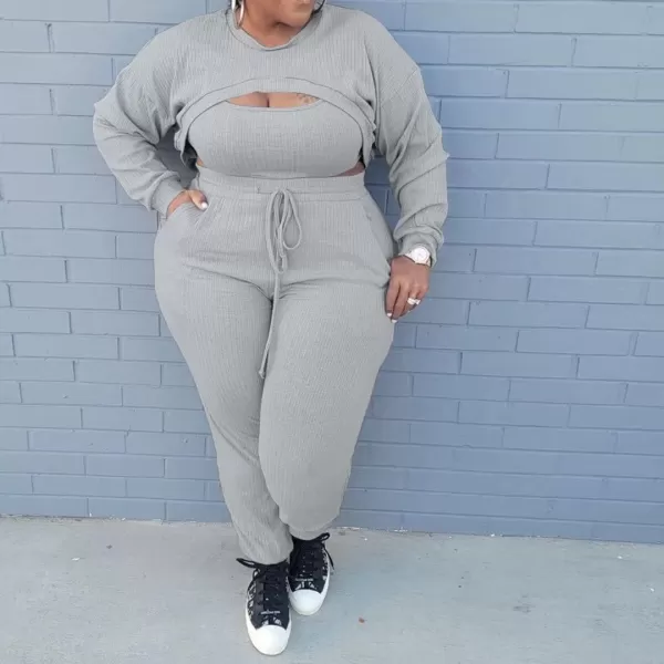 IyMoo Womens Plus Size 3 Piece Sets Outfit Ribbed Sweatshirt Crop Tank Top Sweatpants Jumpsuit Romper SetGray