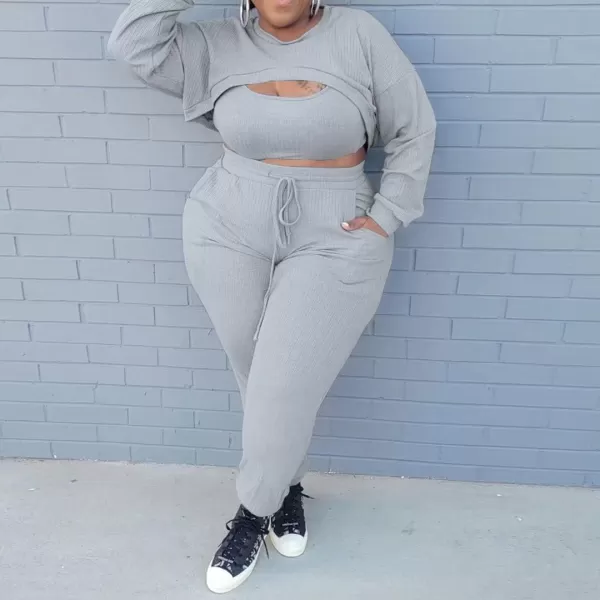 IyMoo Womens Plus Size 3 Piece Sets Outfit Ribbed Sweatshirt Crop Tank Top Sweatpants Jumpsuit Romper SetGray