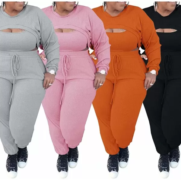 IyMoo Womens Plus Size 3 Piece Sets Outfit Ribbed Sweatshirt Crop Tank Top Sweatpants Jumpsuit Romper SetGray