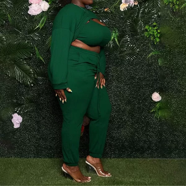 IyMoo Womens Plus Size 3 Piece Sets Outfit Ribbed Sweatshirt Crop Tank Top Sweatpants Jumpsuit Romper SetGreen