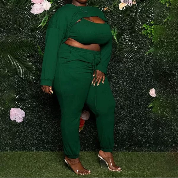 IyMoo Womens Plus Size 3 Piece Sets Outfit Ribbed Sweatshirt Crop Tank Top Sweatpants Jumpsuit Romper SetGreen