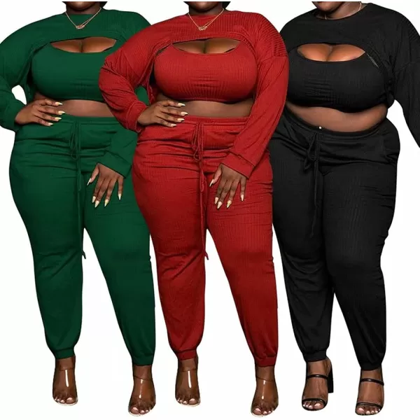 IyMoo Womens Plus Size 3 Piece Sets Outfit Ribbed Sweatshirt Crop Tank Top Sweatpants Jumpsuit Romper SetGreen