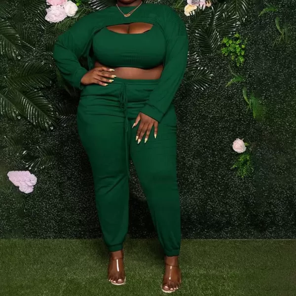 IyMoo Womens Plus Size 3 Piece Sets Outfit Ribbed Sweatshirt Crop Tank Top Sweatpants Jumpsuit Romper SetGreen