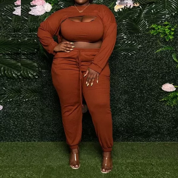 IyMoo Womens Plus Size 3 Piece Sets Outfit Ribbed Sweatshirt Crop Tank Top Sweatpants Jumpsuit Romper SetOrange