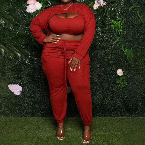 IyMoo Womens Plus Size 3 Piece Sets Outfit Ribbed Sweatshirt Crop Tank Top Sweatpants Jumpsuit Romper SetRed