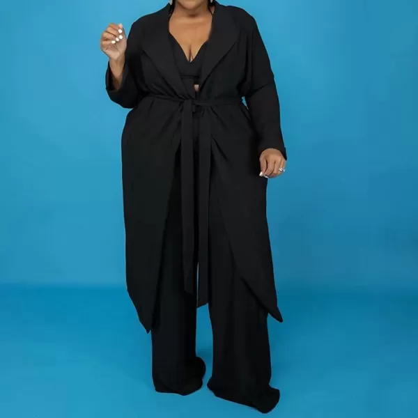 IyMoo Womens Plus Size 3 Piece Sets Outfit Tracksuit Crop Top Blazer Coat and Wide Leg Long Pants Jumpsuit Romper SuitsBlack