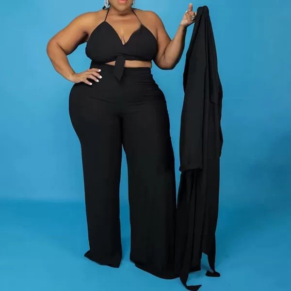 IyMoo Womens Plus Size 3 Piece Sets Outfit Tracksuit Crop Top Blazer Coat and Wide Leg Long Pants Jumpsuit Romper SuitsBlack