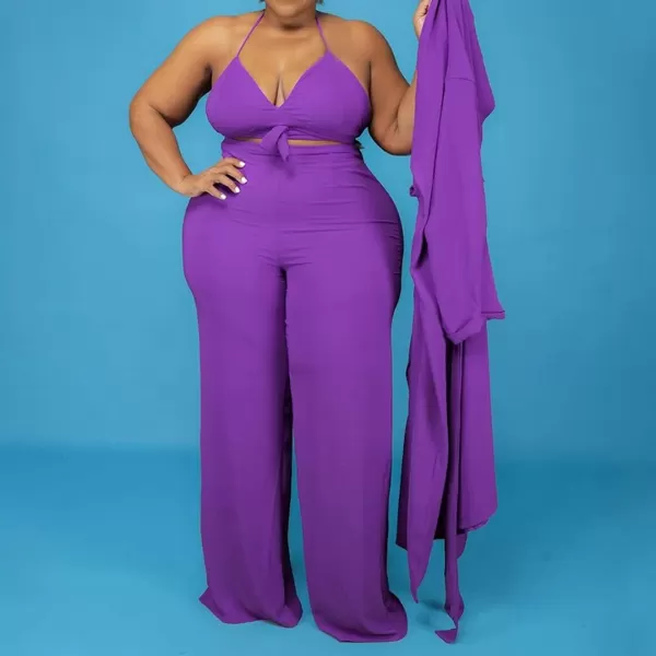 IyMoo Womens Plus Size 3 Piece Sets Outfit Tracksuit Crop Top Blazer Coat and Wide Leg Long Pants Jumpsuit Romper SuitsPurple