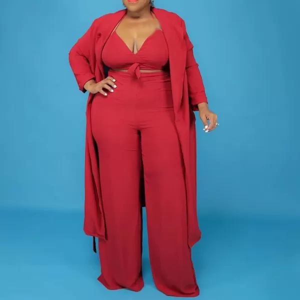 IyMoo Womens Plus Size 3 Piece Sets Outfit Tracksuit Crop Top Blazer Coat and Wide Leg Long Pants Jumpsuit Romper SuitsRed