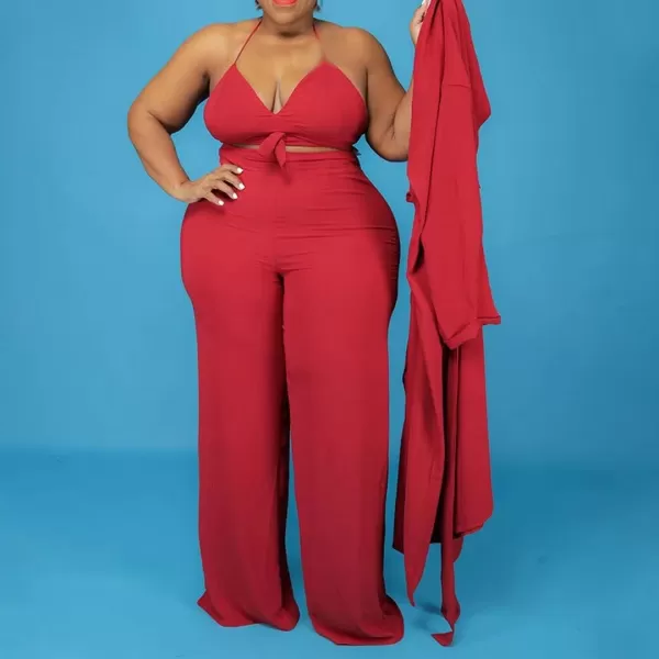 IyMoo Womens Plus Size 3 Piece Sets Outfit Tracksuit Crop Top Blazer Coat and Wide Leg Long Pants Jumpsuit Romper SuitsRed