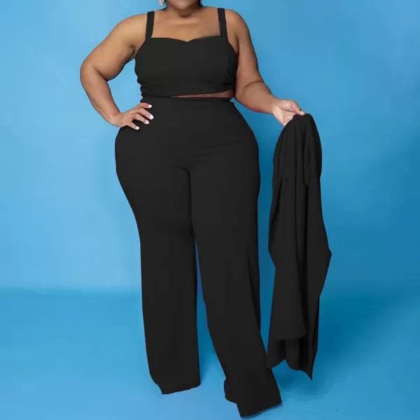 IyMoo Womens Plus Size 3 Piece Sets Outfit Tracksuit Crop Top Blazer Jacket and Wide Leg Long Pants Jumpsuit Romper SuitsBlack