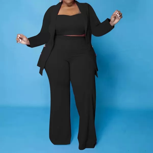 IyMoo Womens Plus Size 3 Piece Sets Outfit Tracksuit Crop Top Blazer Jacket and Wide Leg Long Pants Jumpsuit Romper SuitsBlack